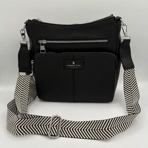 New London Fog Black Crossbody Bag with Chevron Strap.